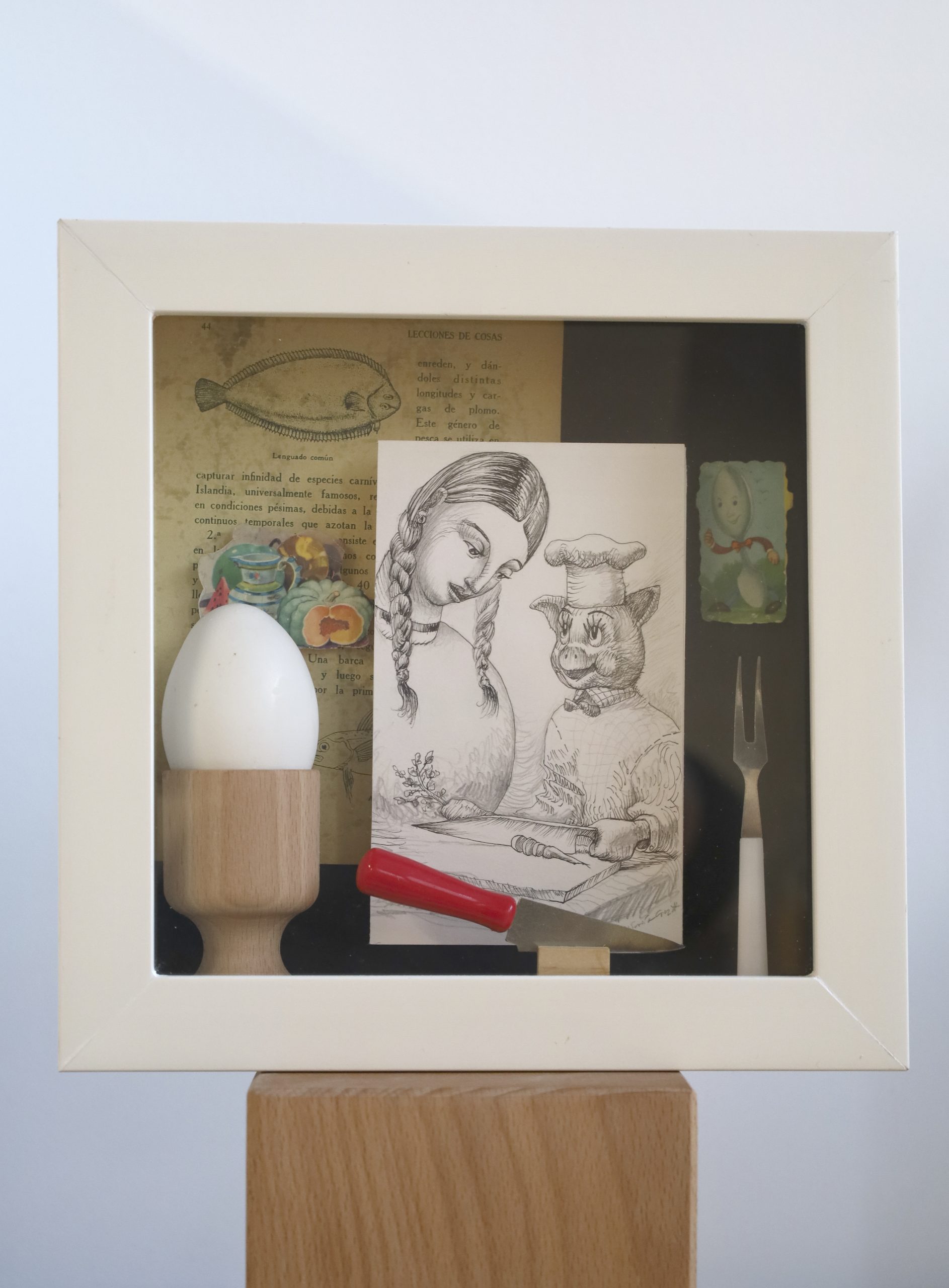 caja poema cerdito el cocinero Luis Manuel García Cruz assemblage dibujo a tinta