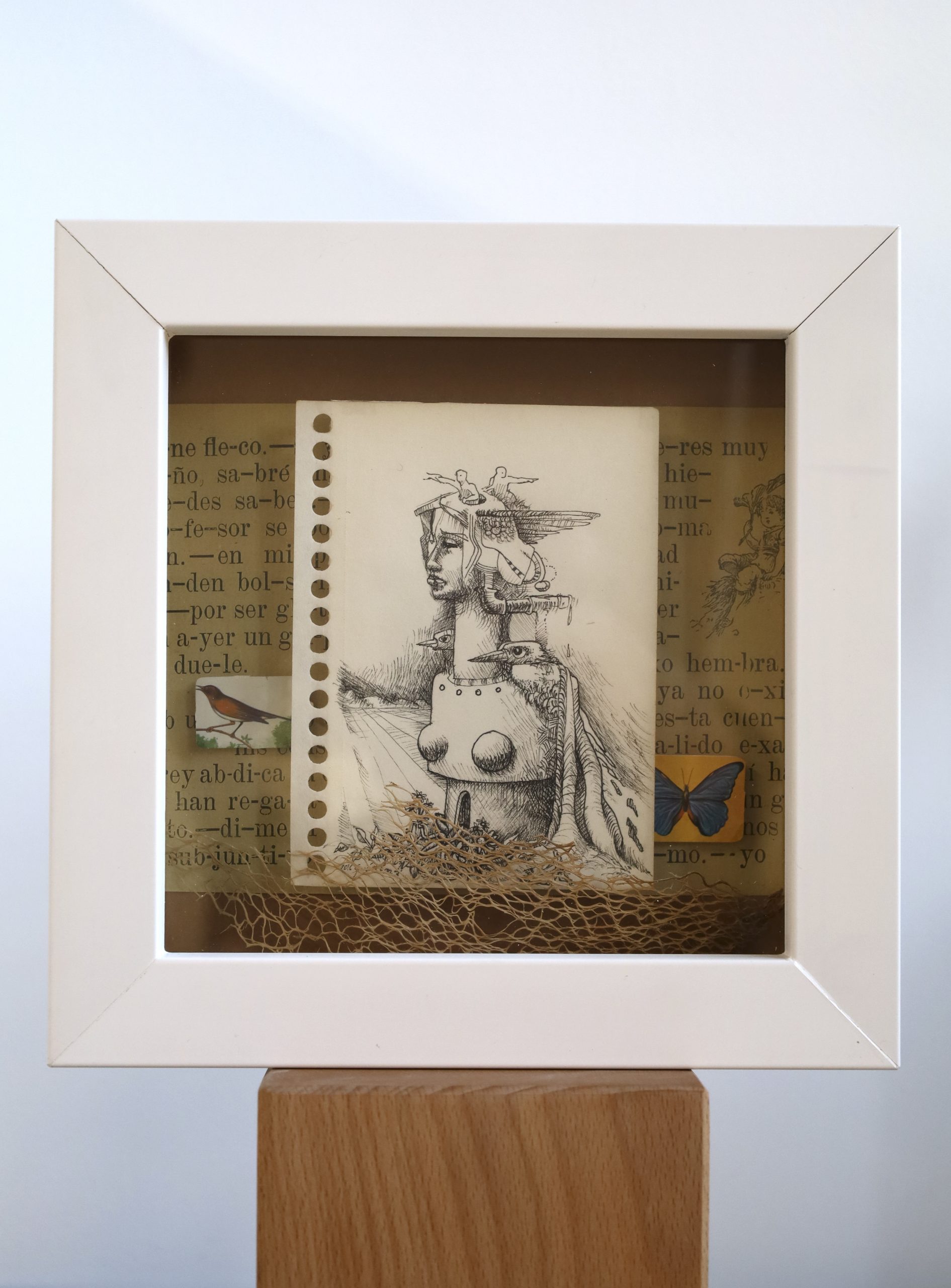 caja poema Los pájaros del sueño Luis Manuel García Cruz assemblage dibujo a tinta